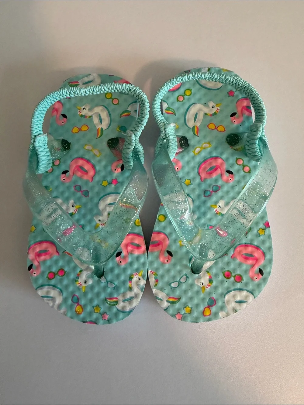 Wonder Nation Aqua Flip Flop Sandals with Pink Flamingo Print